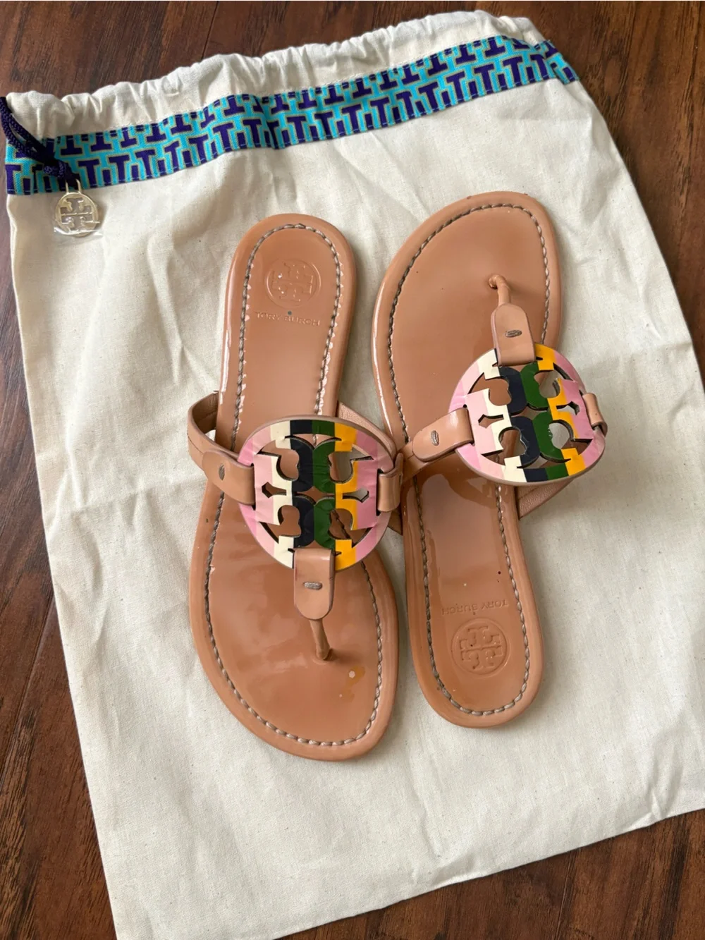 Tory Burch Nude Patent Leather Thong Sandals with Multicolor Logo with dust bag